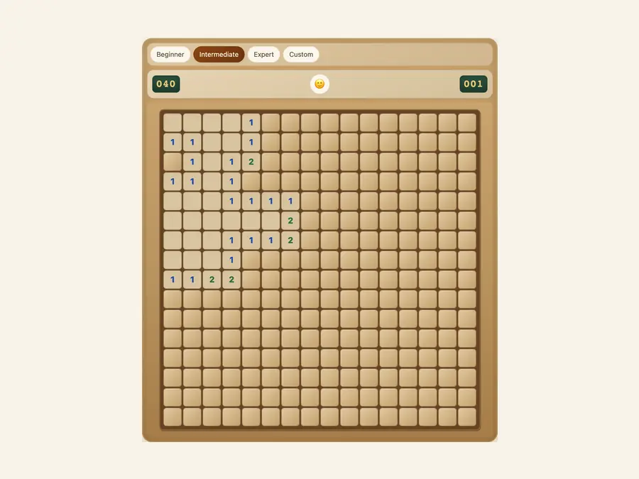 Online minefield board with number clues